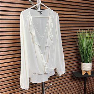 White House Black Market Ivory Top - V Neck with ruffles - Size 10